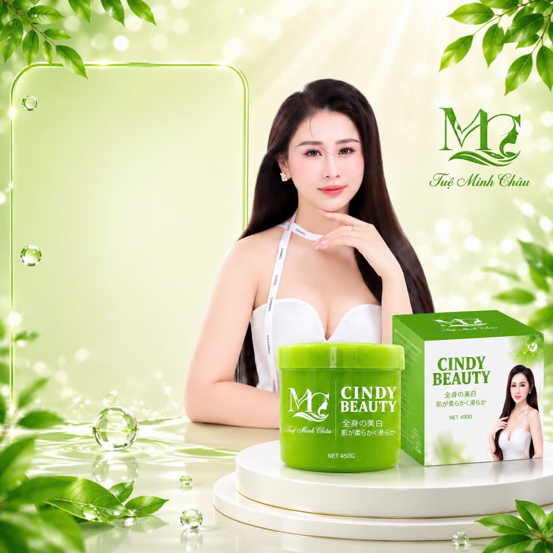 Kem Body Cindy Beauty 450G – hũ và hộp bao bì xanh lá của Tuệ Minh Châu Beauty